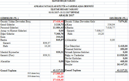 ARALIK AYI (2017) İTİBARİYLE MALİ TABLOLARIMIZ